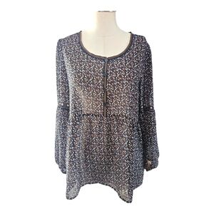 Max Studio Multicolor Sheer Blouse Size L | Button-Front Long Sleeve Boho Top